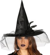 Halloween - Zwarte heksenhoed met bloem en sluier