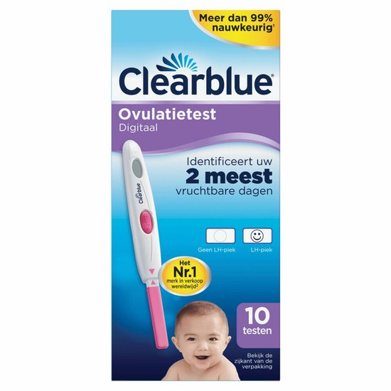 Clearblue digitale ovulatietest, identificeert uw 2 meest vruchtbare dagen. Met babyafbeelding, 10 testen en de tekst 'Meer dan 99% nauwkeurig'.