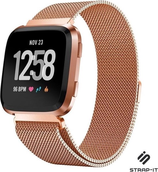 Milanees Smartwatch bandje - Geschikt voor Fitbit Versa / Versa 2 bandje Milanees RVS - Rosegoud - Strap-it Horlogeband / Polsband / Armband - Maat: Maat S