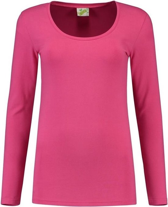 Bodyfit dames shirt lange mouwen/longsleeve fuchsia roze - Dameskleding basic shirts L (40)