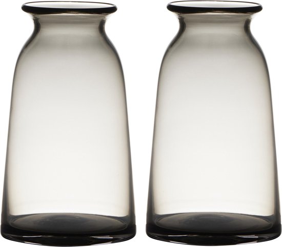 Set van 2x stuks transparante home-basics grijze vaas/vazen van glas 23.5 x 12.5 cm - Bloemen/takken/boeketten vaas voor binnen gebruik