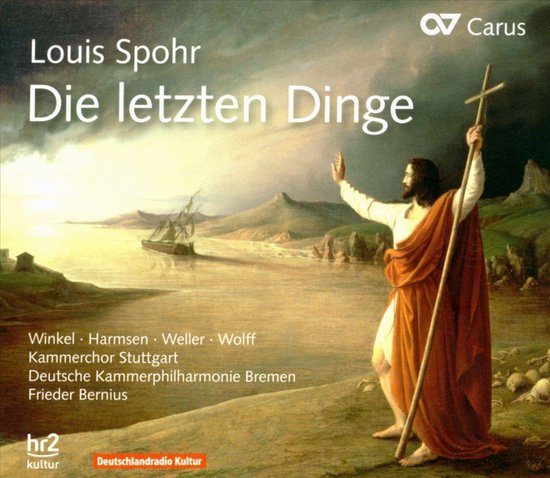 Albumhoes met Jezus aan de rechterkant, een schip op het water, schapen en bergen.