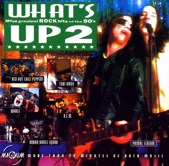 Een albumcover met de titel 'WHAT'S UP 2 MORE GREATEST ROCK HITS OF THE 90'S'. Het toont een man met een gitaar en een vrouw die zingt.
