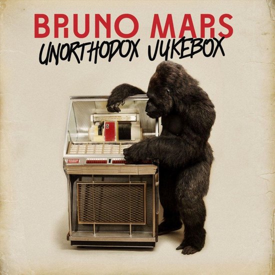 Een gorilla staat bij een Jukebox met de tekst "BRUNO MARS UNORTHODOX JUKEBOX" erboven.
