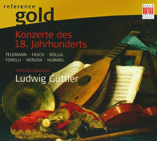 Cd-hoes met schilderij van historische muziekinstrumenten, bladmuziek en rode stof, titel Konzerte des 18. Jahrhunderts.