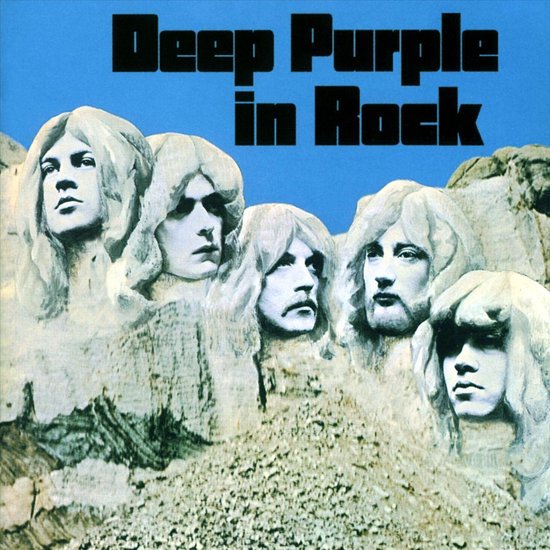 Albumhoes van Deep Purple's 'In Rock' met de bandleden afgebeeld als Mount Rushmore.