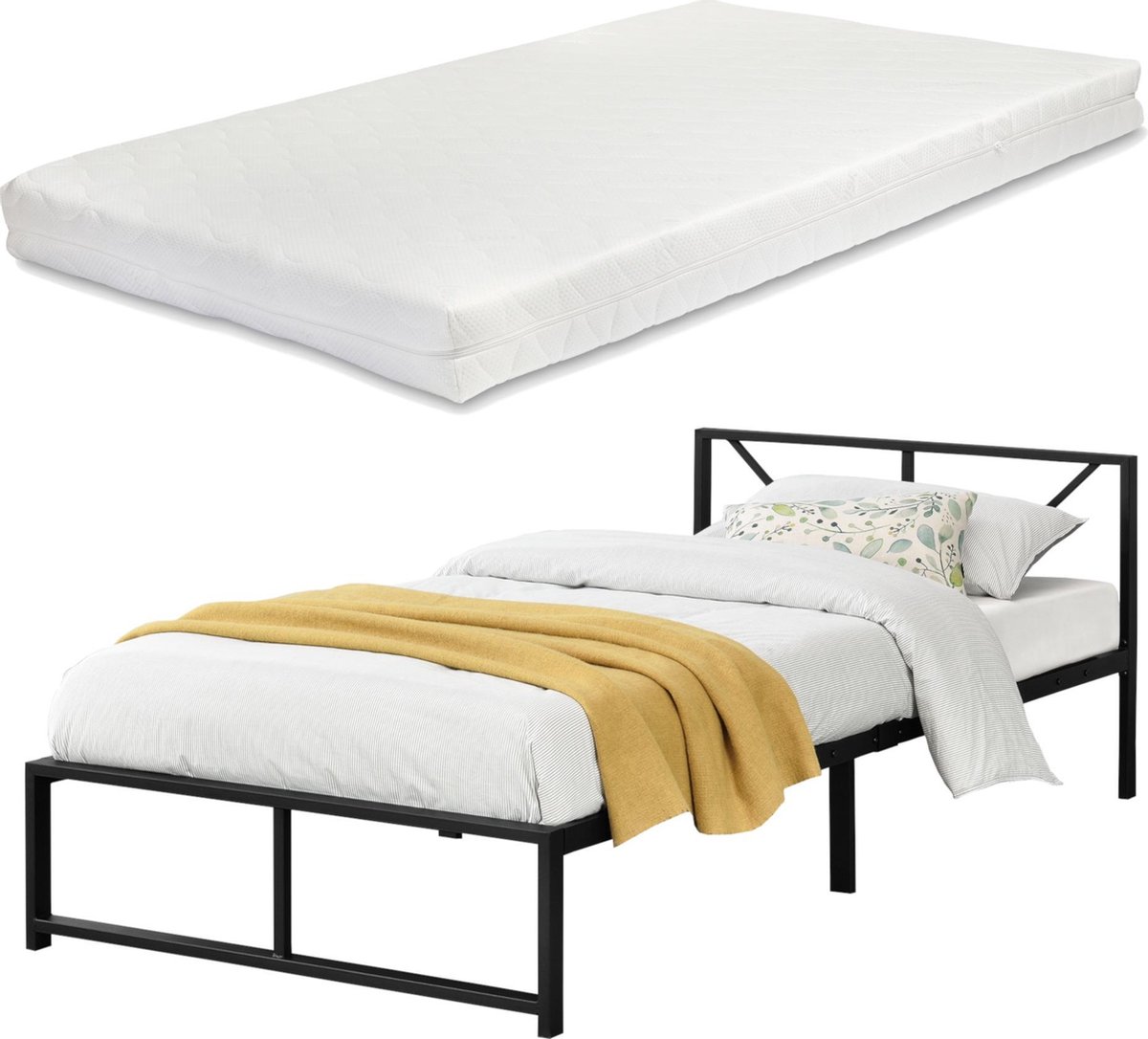 en.casa Metalen bed Meran bedframe met matras zwart 90x200 cm