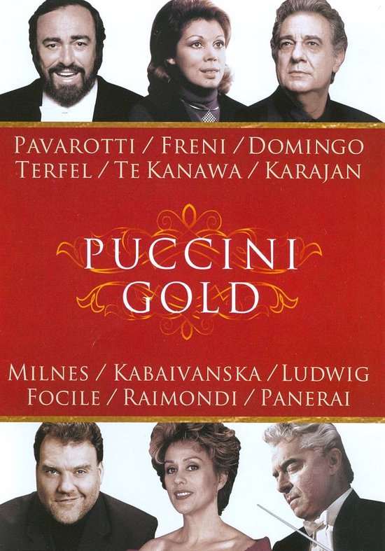 Albumhoes met foto's van Pavarotti, Freni, Domingo, Terfel, Te Kanawa en Karajan, met de titel Puccini Gold.