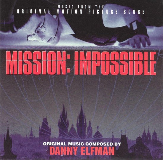 Muziek van de originele film 'Mission: Impossible', gecomponeerd door Danny Elfman. Met een bewerkte foto van Tom Cruise.