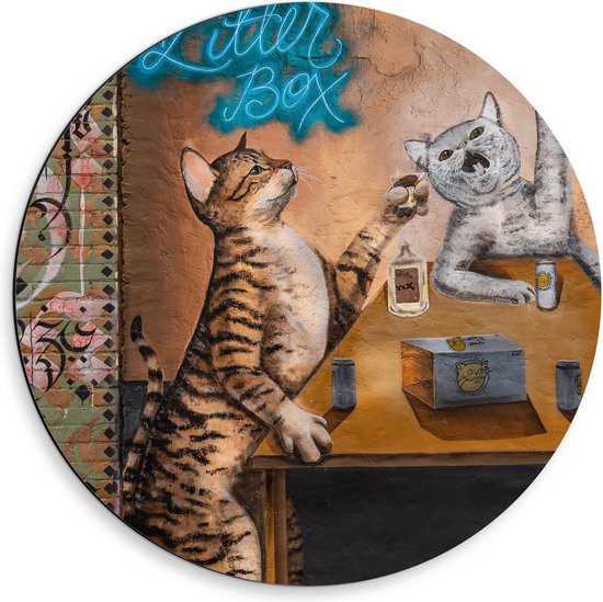 Dibond Wandcirkel - Muurschildering Katten in Cafe - 50x50cm Foto op Aluminium Wandcirkel (met ophangsysteem)