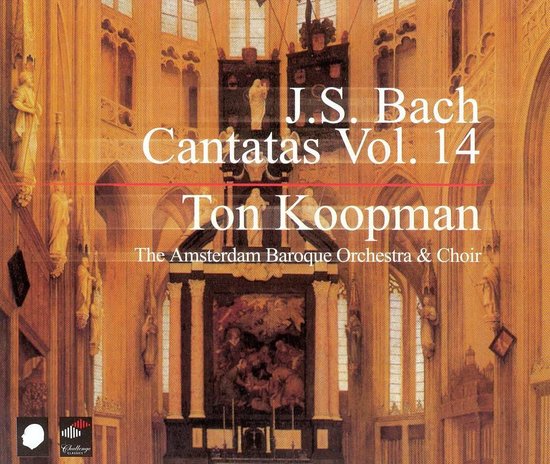 CD-hoes: J.S. Bach Cantatas Vol. 14, Ton Koopman, The Amsterdam Baroque Orchestra & Choir. Achtergrond toont een kerkinterieur.