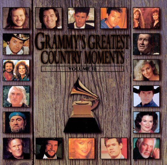 Albumhoes Grammy's Greatest Country Moments Volume II met portretten van countryartiesten en een Grammy-trofee.