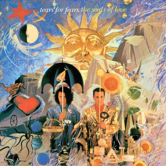 Tears for Fears - The Seeds of Love albumhoes met een gouden zon, twee mannen, een hart en vele symbolische figuren.