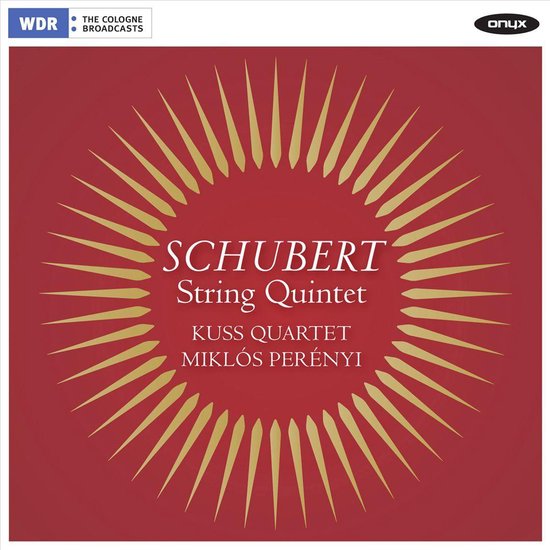 CD-hoes met rode achtergrond en goudkleurige zonnestralen. "SCHUBERT String Quintet KUSS QUARTET MIKLÓS PERÉNYI".