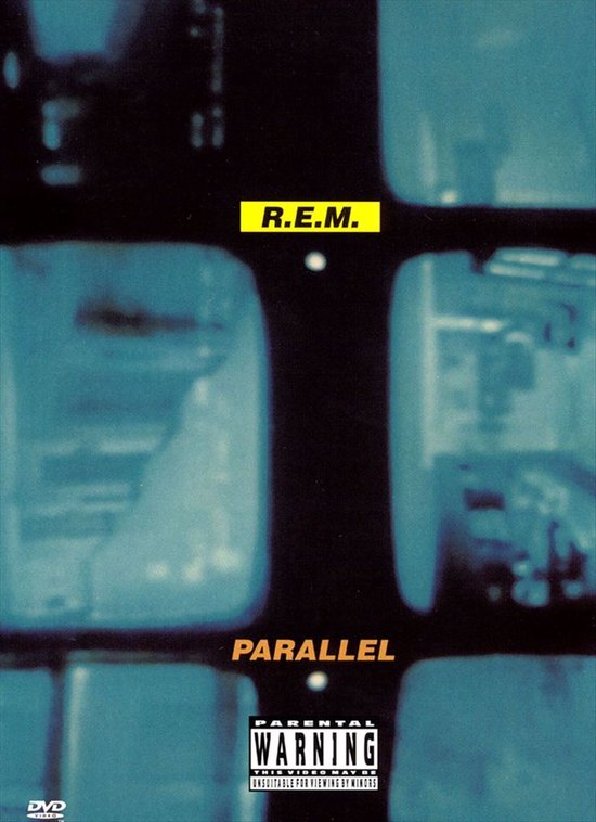DVD hoes van R.E.M. - Parallel, met gele tekst en een waarschuwing voor minderjarigen.