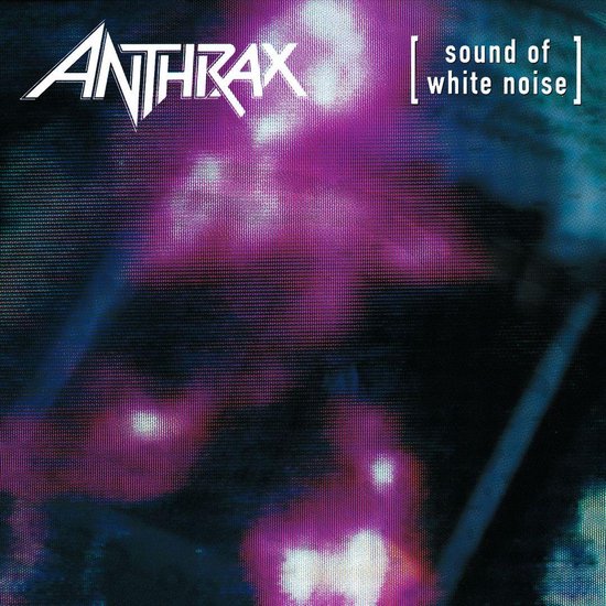 Albumhoes van Anthrax, Sound of White Noise, met een abstracte, paarse en roze licht gloed op een donkere achtergrond.