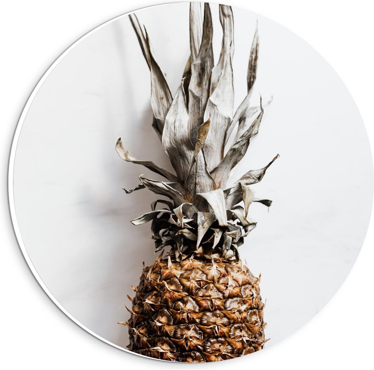 Forex Wandcirkel - Gele Ananas op Witte Achtergrond - 20x20cm Foto op Wandcirkel (met ophangsysteem)