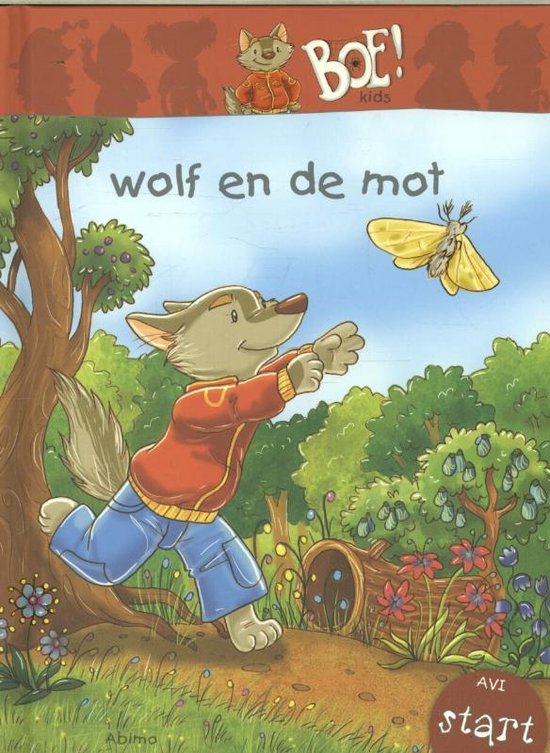 Boekcover: een wolf in kleding jaagt op een gele mot in een bosrijke omgeving. Tekst: "BOE! kids wolf en de mot AVI start"