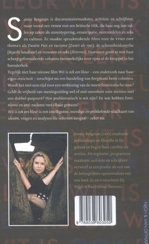 Achterkant van een boek met een foto van Sunny Bergman en tekst.