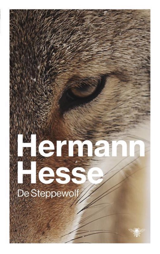 Boekomslag met close-up van een wolfsoog en snorharen. "Hermann Hesse De Steppewolf"