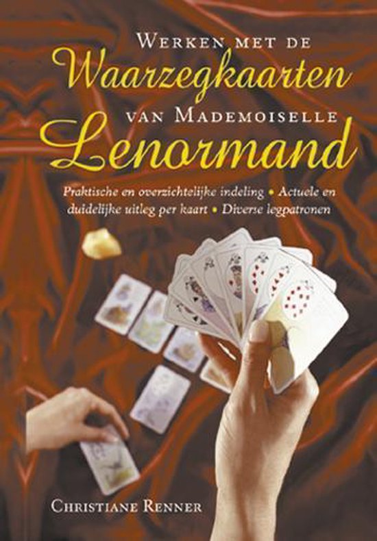 Boek kaft: 'Werken met de Waarzegkaarten van Mademoiselle Lenormand' met kaarten en handen.