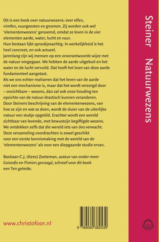 Achterkant boek "Natuurwezens" met tekst en auteursinformatie. "Natuurwezens" verticaal aan de zijkant.