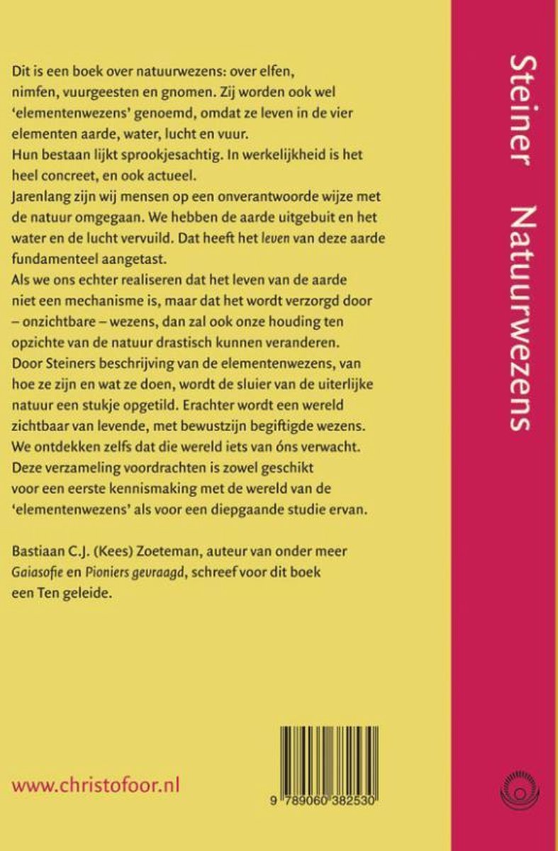 Achterkant boek "Natuurwezens" met tekst en auteursinformatie. "Natuurwezens" verticaal aan de zijkant.
