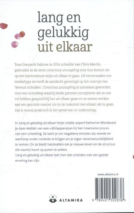 Achterkant van het boek 'Lang en gelukkig uit elkaar' met tekst en prijs.