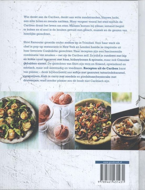 Boekomslag met vier foto's van Caribische gerechten: salade met garnalen, sorbet, salade met wortel en vis, en een cocktail.