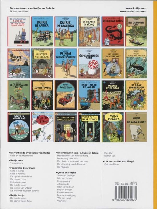 Rug van 24 Kuifje-strips, met titels zoals 'Kuifje in Afrika' en 'De 7 kristallen bollen'.