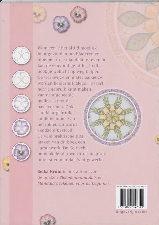 Boek met een roze achtergrond. Links staan afbeeldingen van bloemen. Rechts staat tekst en een mandala.