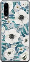 Huawei P30 hoesje - Witte bloemen - Soft Case Telefoonhoesje - Bloemen - Blauw