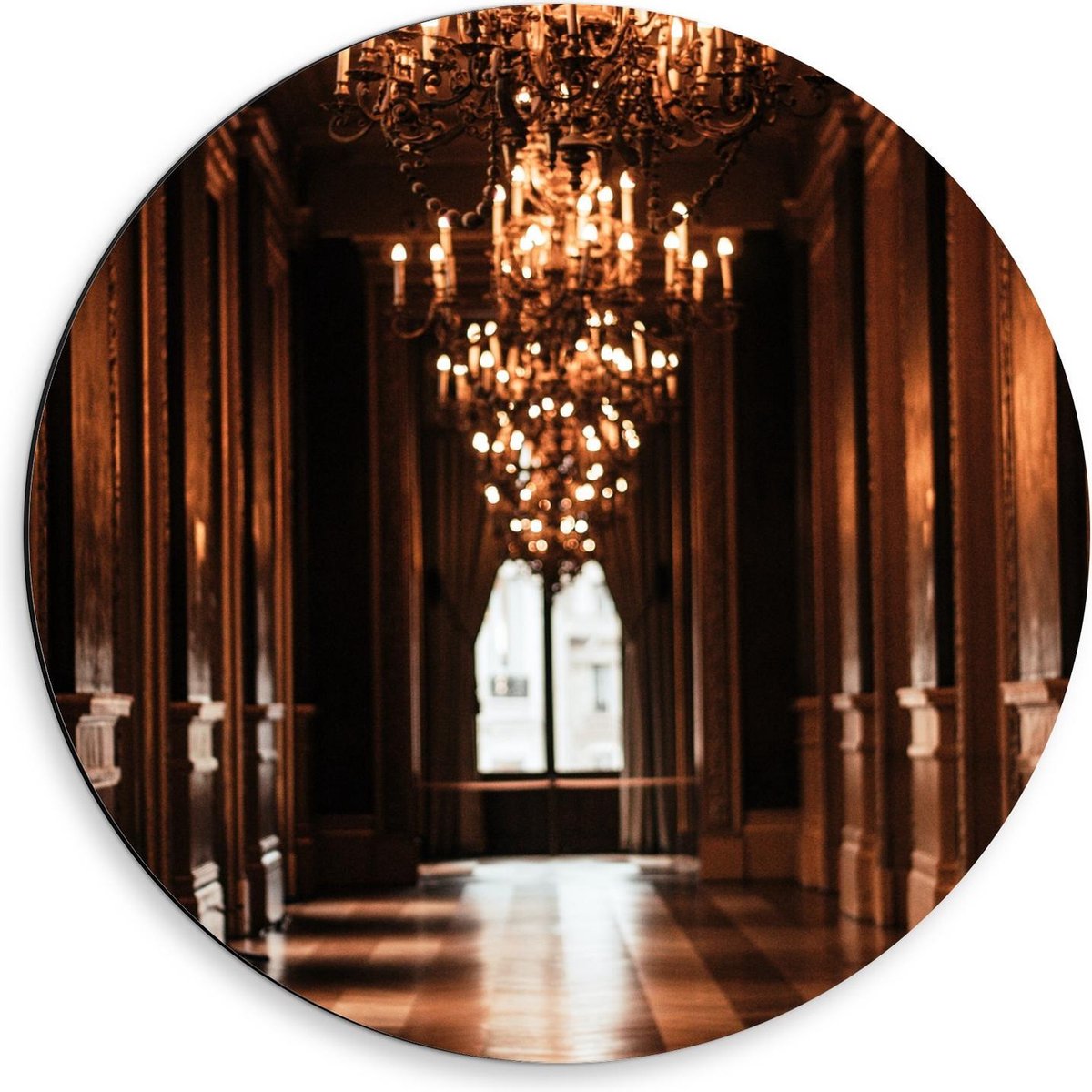 Dibond Wandcirkel - Gang in Paleis met Kroonluchter - 50x50cm Foto op Aluminium Wandcirkel