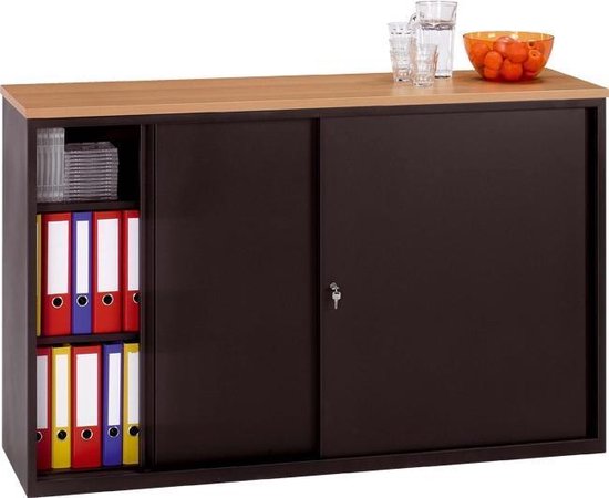 Donkergrijze schuifdeurkast met houten blad, gevuld met ordners en glazen.