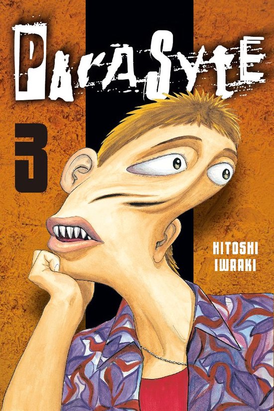 Parasyte 3 manga cover, met een verwrongen gezicht, oranje achtergrond en Hitoshi Iwaaki's naam.