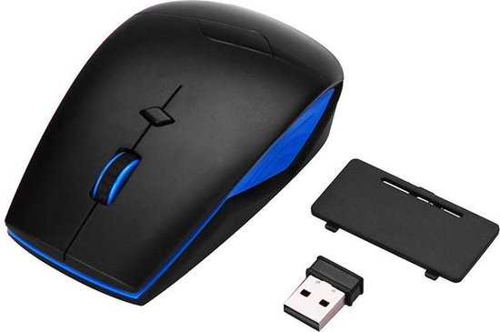 Zwarte draadloze optische muis met blauwe accenten, scrollwiel en USB-dongle.