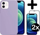 Hoes voor iPhone 12 Mini Hoesje Siliconen Case Met 2x Screenprotector Full Cover 3D Tempered Glass - Hoes voor iPhone 12 Mini Hoes Cover Met 2x 3D Screenprotector - Paars