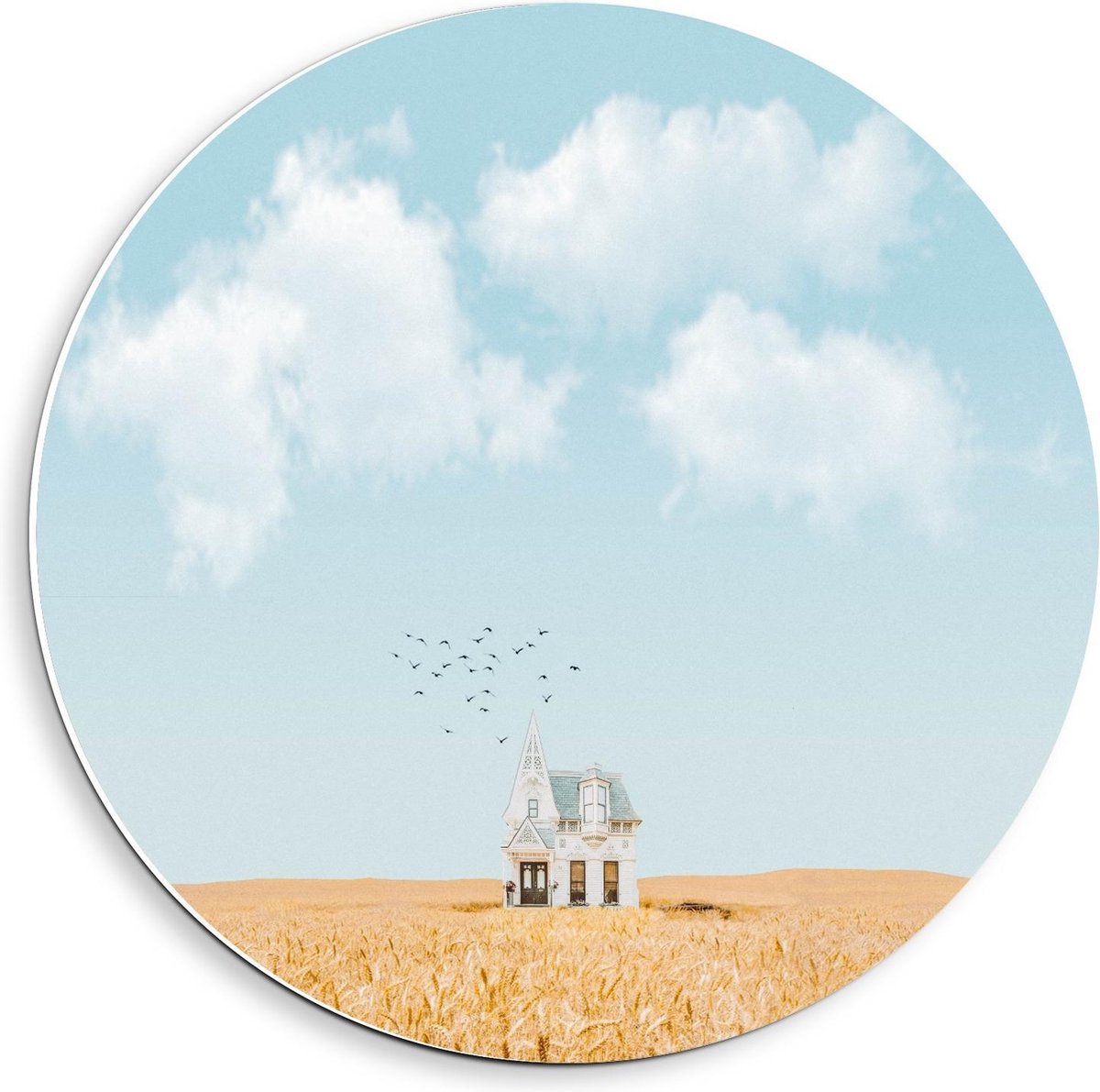 KuijsFotoprint Forex Wandcirkel - Eenzaam Huisje onder Wolkjes - 40x40cm Foto op Wandcirkel (met ophangsysteem) Blauw