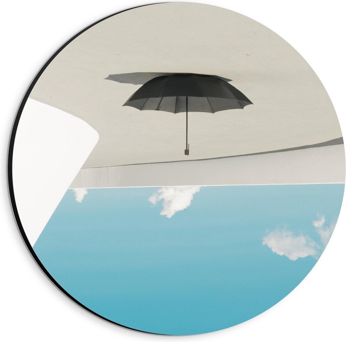 Dibond Wandcirkel - Hangende Paraplu bij Wolken - 20x20cm Foto op Aluminium Wandcirkel (met ophangsysteem)
