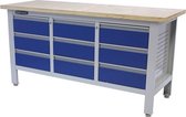 George Tools werkbank 169 cm - Werktafel met 9 laden en multiplex werkblad - Blauw