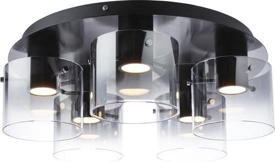 BRILLIANT Hobey LED plafondlamp 5-pits zwart / rookglas binnenverlichting, plafondverlichting, decoratief | 5x 8W LED geïntegreerd, (lichtstroom: 600lm, lichtkleur: 3000K) | A | Dimbaar in 3 stappen via wandschakelaar