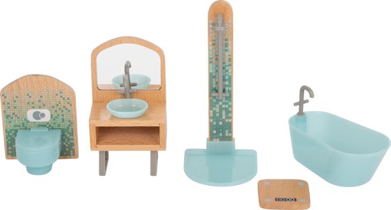 Houten badkamerset met toilet, wastafel, douche en badkuip.