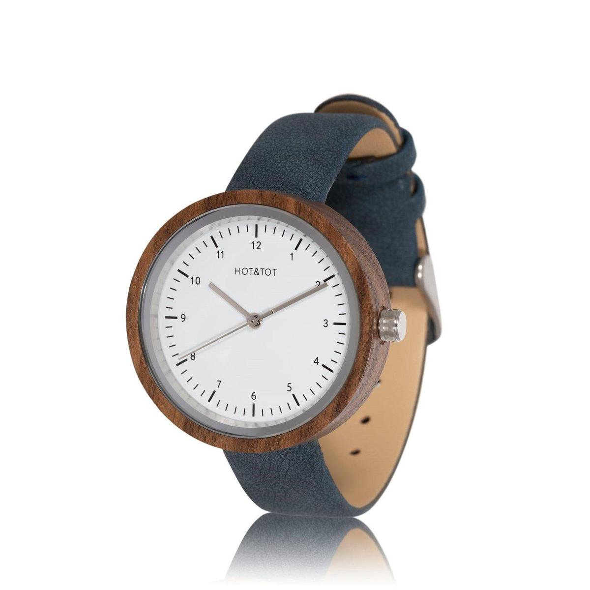HOTTOT | Emma - Houten horloge voor dames - Vegan leer - 36mm - Walnoot hout - Zilver