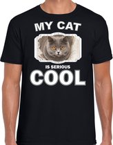 Britse korthaar katten t-shirt my cat is serious cool zwart - heren - katten / poezen liefhebber cadeau shirt L