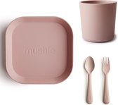 Mushie Serviesset |Set bord+beker+Vork en Lepel|4-delig|Blush oud roze|Kinderservies|BIBS|Bestek|Bord|Beker|Cup|