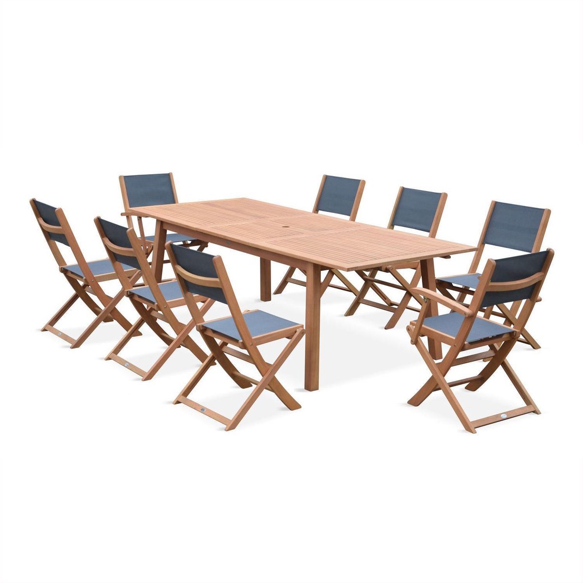 sweeek - Almeria houten tuinset, grote rechthoekige tafel 180-240cm, 2 fauteuils, 6 eucalyptus en textilene stoelen
