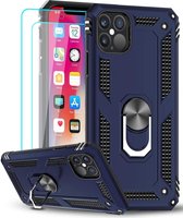 iPhone 12/12 Pro hoesje - Hardcase - Tough armor ring Blauw + 2 stuks screenprotector