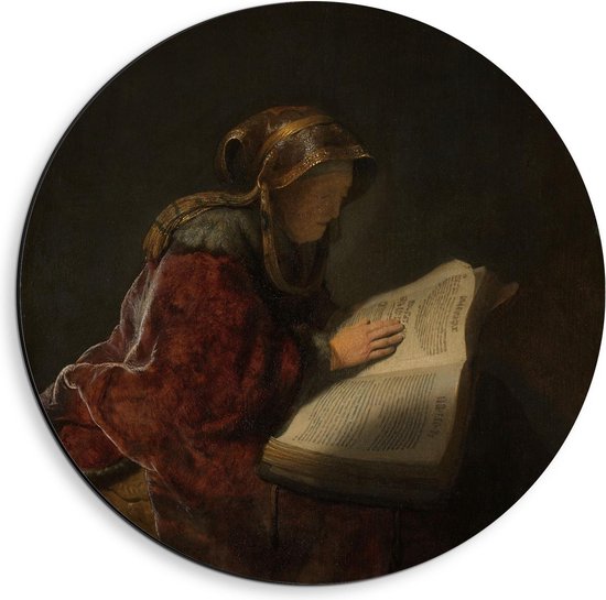 Dibond Wandcirkel - Oude meesters - Oude lezende vrouw, Rembrandt van Rijn, 1631 - 40x40cm Foto op Aluminium Wandcirkel (met ophangsysteem)
