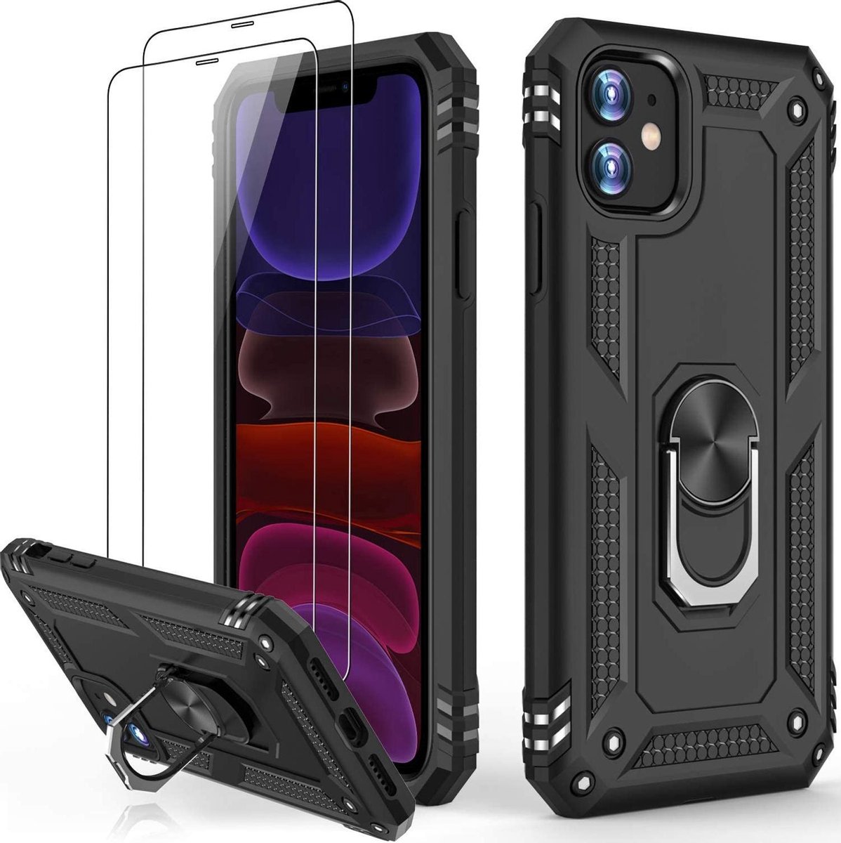 Telefoonhoesje Geschikt voor: iPhone 12 Pro hoesje Schokbestendige ring armor met 2X Glas Screenprotector zwart