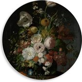 Forex Wandcirkel - Oude meesters - Stilleven: bloemen in een glazen vaas, Rachel Ruysch - 50x50cm Foto op Wandcirkel (met ophangsysteem)